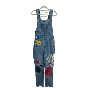 Misslook Painted Flower Daisy Size Medium Hippie Boho Denim Overalls Bib Jeans